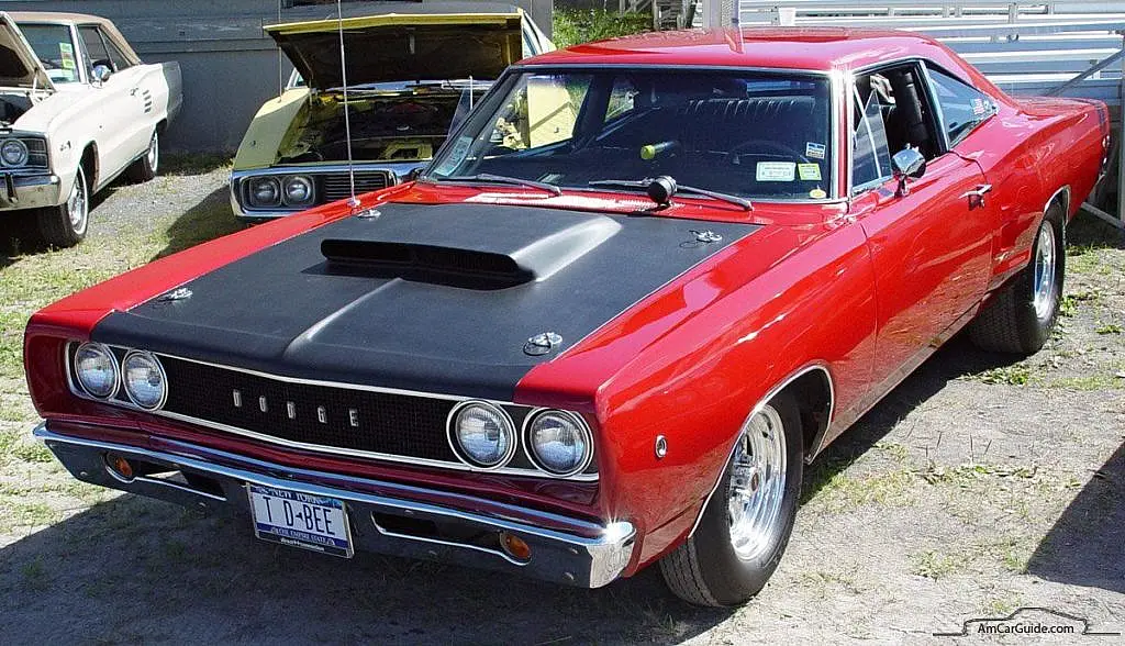 Red Dodge Coronet Super Bee with a black hood