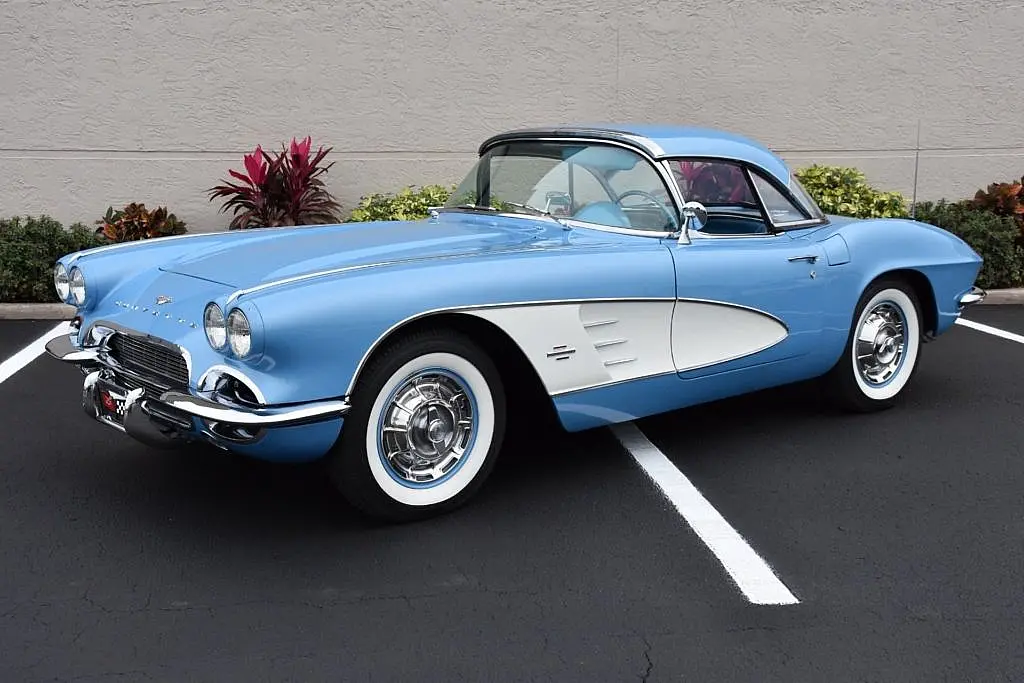 Light blue early Corvette with a white side cove