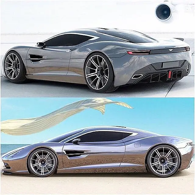 Grey Aston Martin-style coupe concept, two views