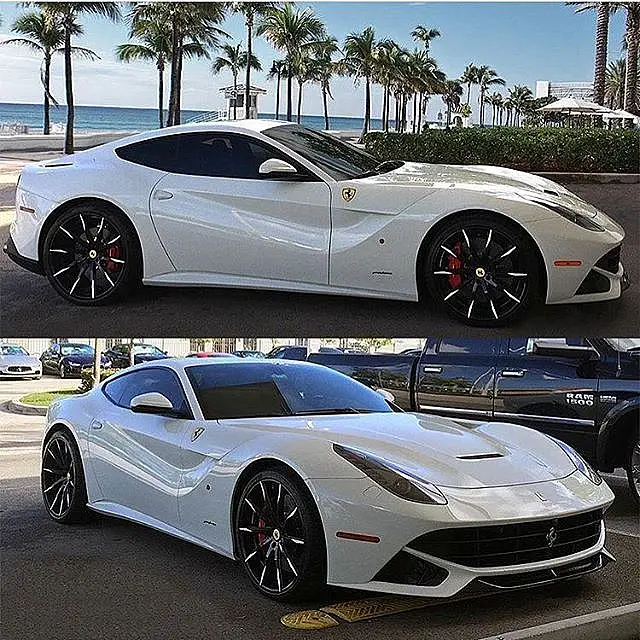 White Ferrari F12 Berlinetta, two photos