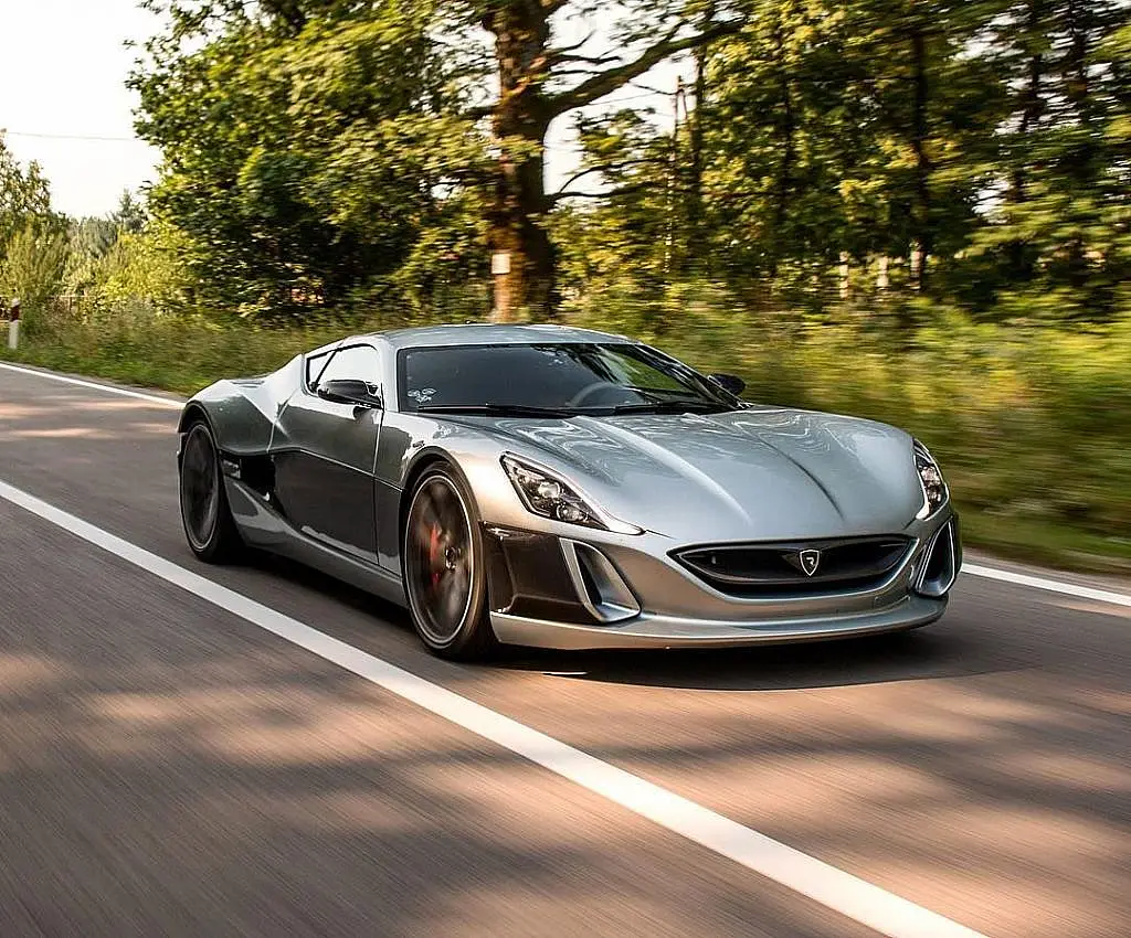 Silver Rimac Concept One on a country road