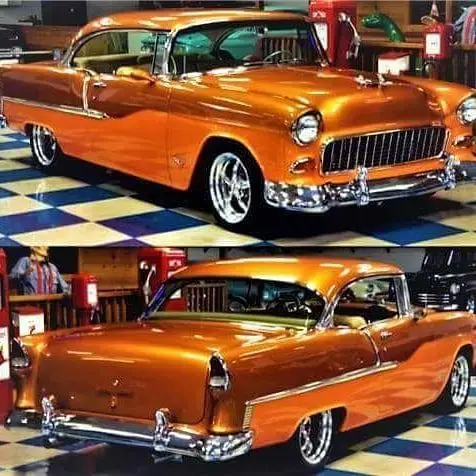 Copper-orange 1955 Chevrolet Bel Air in a diner