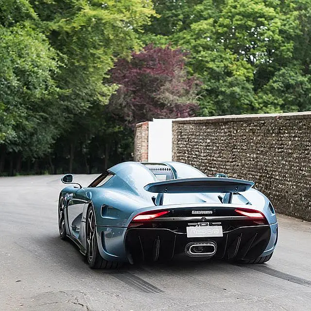 Light blue Koenigsegg Regera from behind