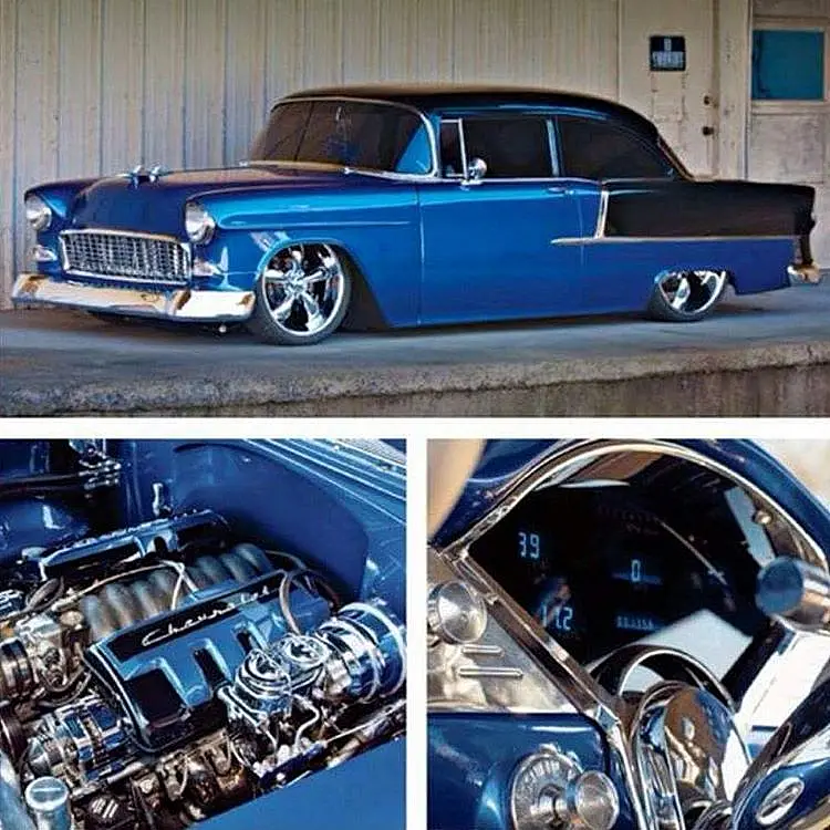 Blue 1955 Chevrolet 210 with a modern engine