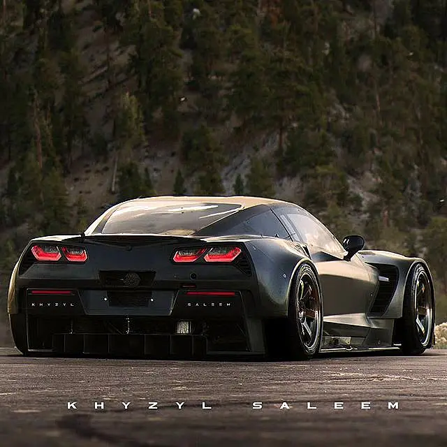 Black Corvette-style supercar from behind, rendering