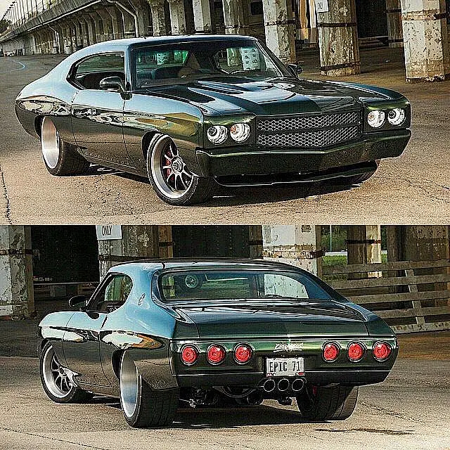 Dark green Chevelle, front and rear views