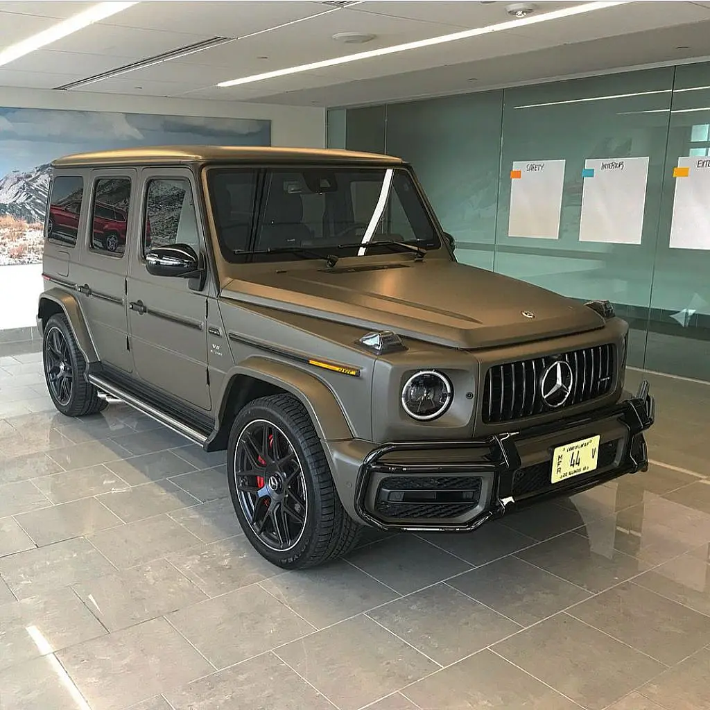 Matte grey Mercedes-AMG G-Class in a showroom