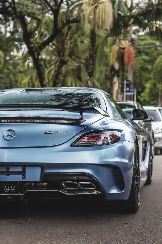 Blue-grey Mercedes-Benz SLS AMG from behind