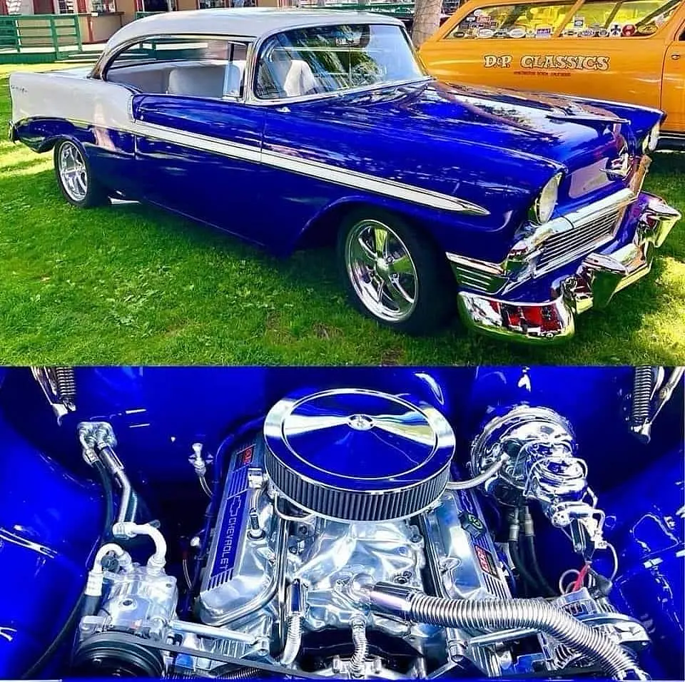 Blue Chevrolet Bel Air hardtop with a chromed engine bay