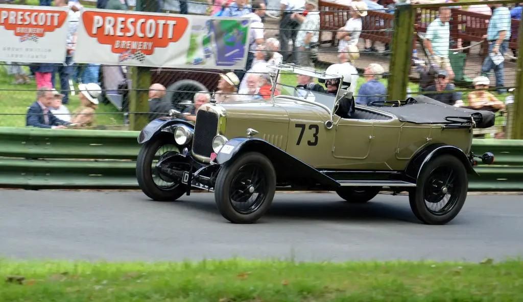 Olive 1932 Alvis 12/50 TJ open tourer on a timed run at the Prescott hill climb