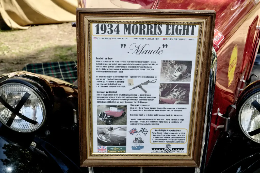1934 Morris Eight Roadster Sport with an information sheet on the front