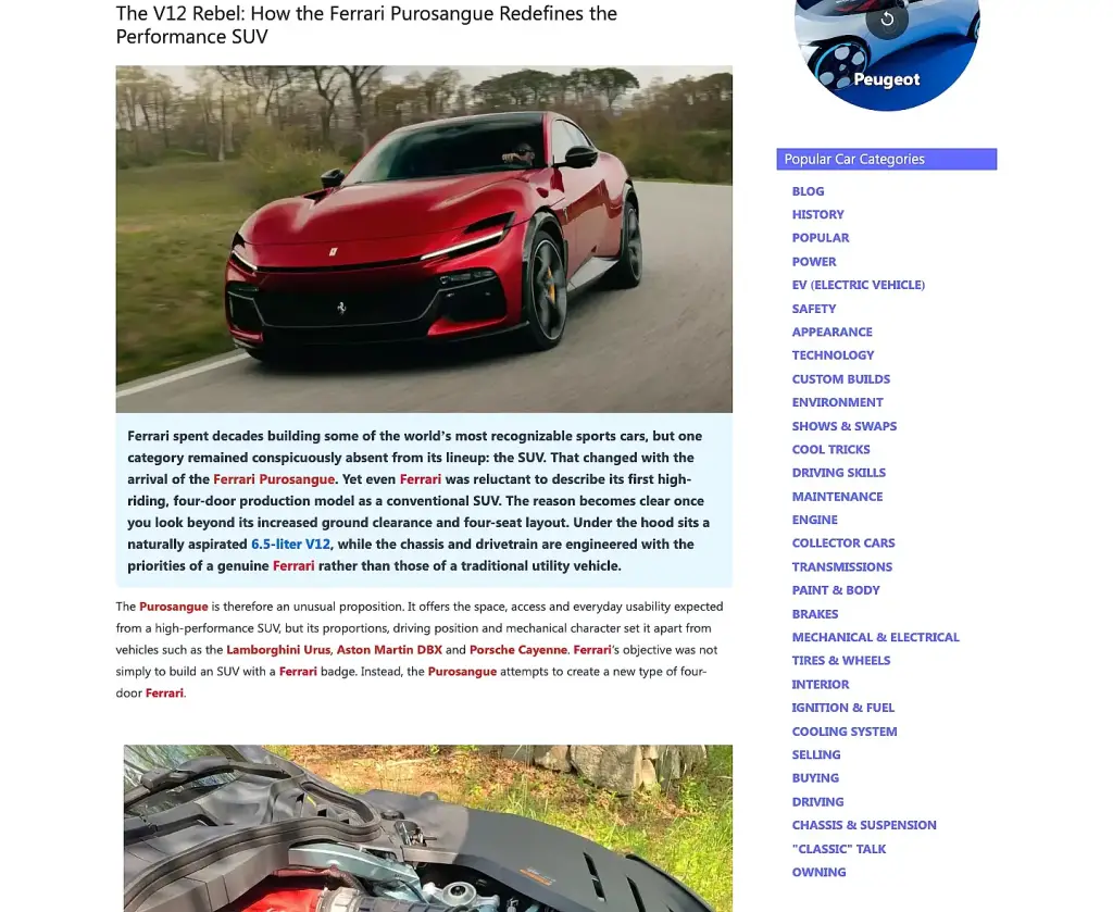 A CarRating.org article page about the Ferrari Purosangue with a hero photo and a highlighted introduction