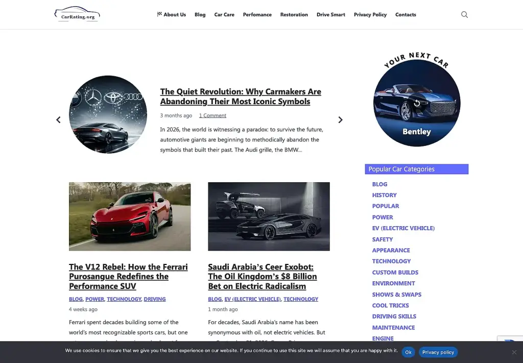 The CarRating.org home page with a featured article slider, article cards and a category list