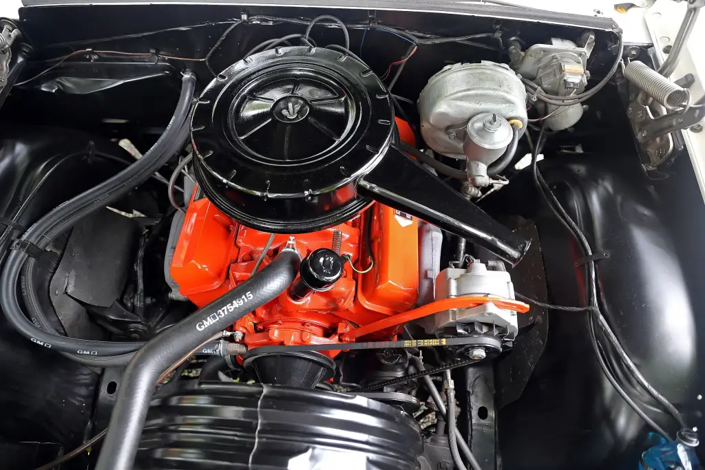 283 cubic inch small-block V8 under the bonnet of a 1963 Chevrolet Impala