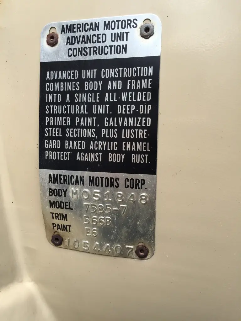 Information plate on the driver's door of a 1975 AMC Matador